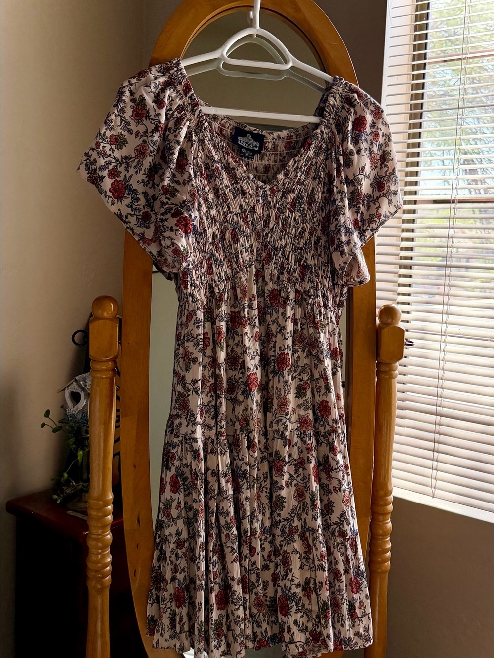 Angie Cream Dress with Red & Green Floral Print EUC